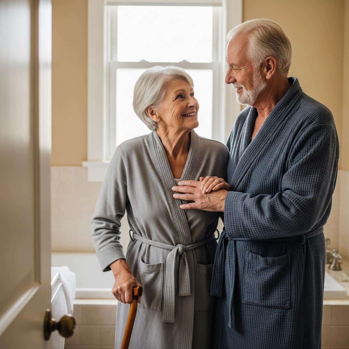 Older couple in bathroom, woman using cane with supportive partner nearby, centered waist-up view