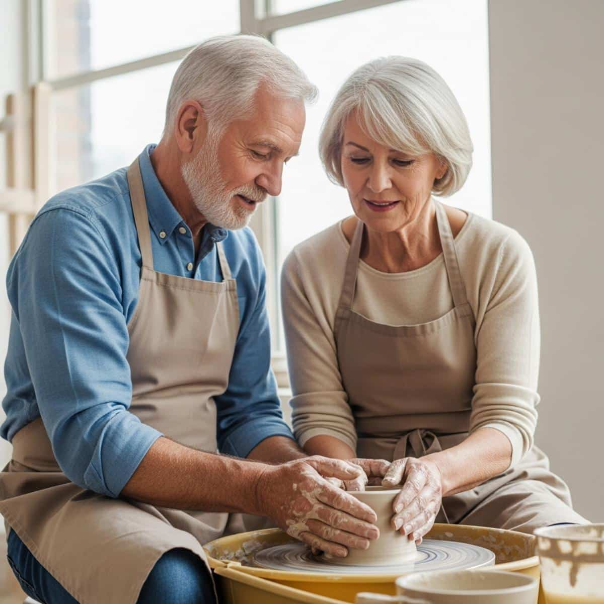 Older couple working together at pottery wheel in sunlit studio, waist-up centered view