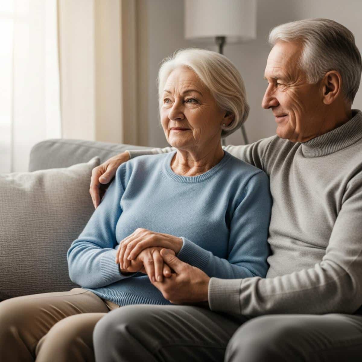 Older couple sitting together with adult child providing support, centered three-quarter view