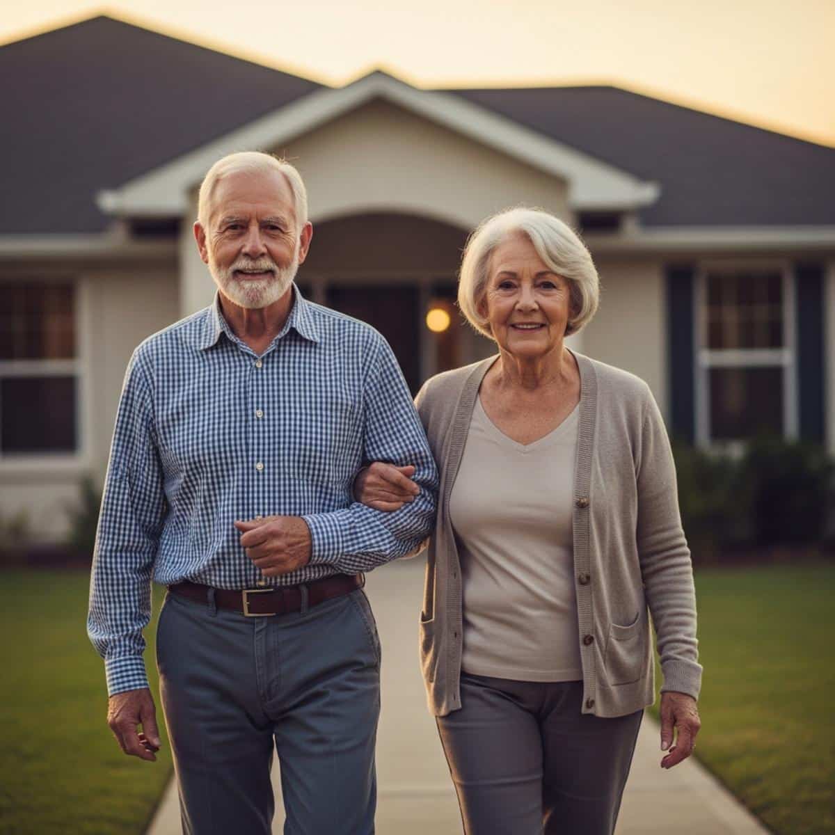 Older couple walking together arm in arm at dusk, full-body centered view