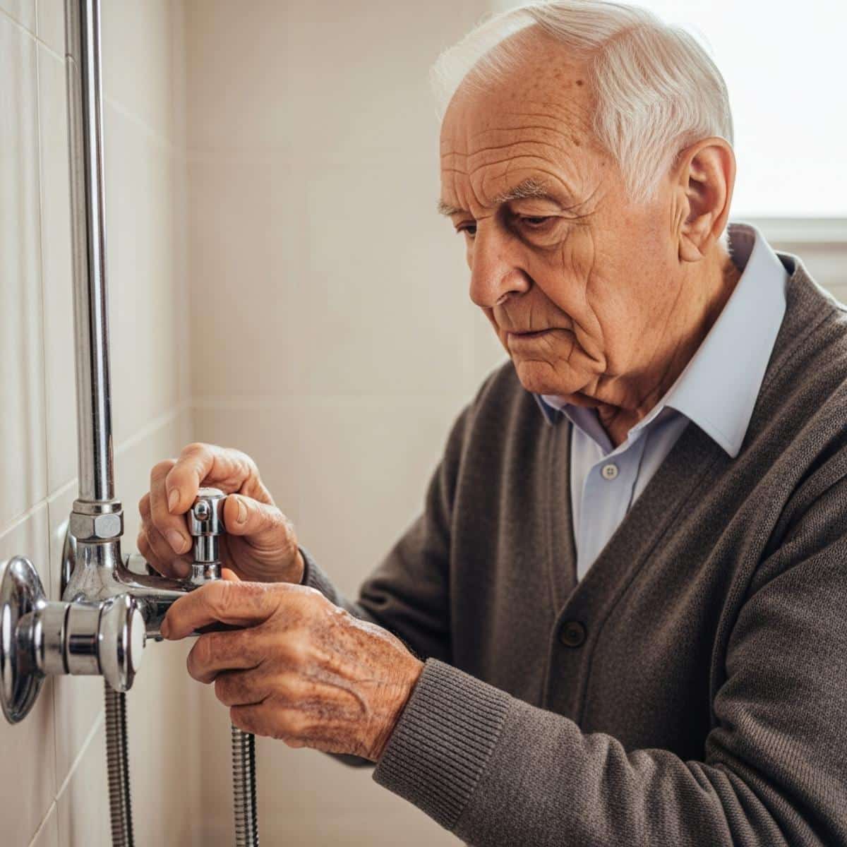 Older man adjusting shower faucet knob, hand visible, waist-up centered view