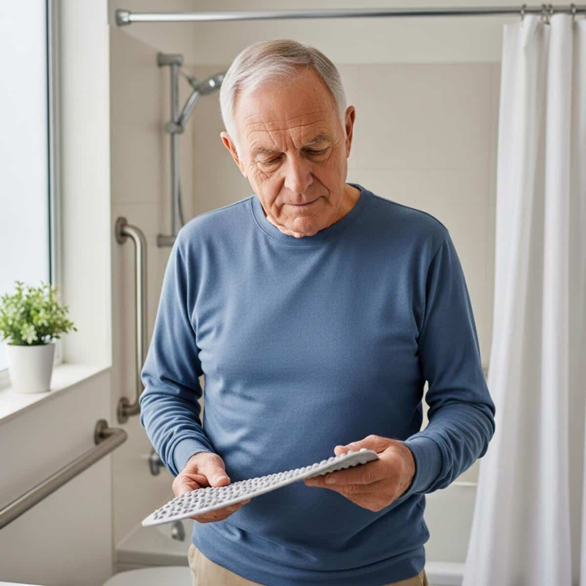 Older man examining non-slip bath mat in accessible bathroom, centered waist-up view