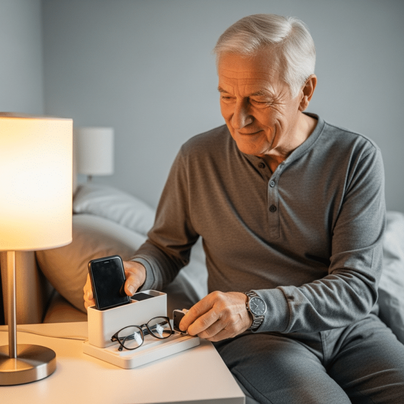 Older man bedside charging station