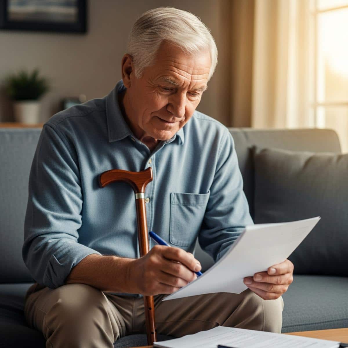 Older man with cane sitting on sofa reviewing written notes, centered three-quarter view