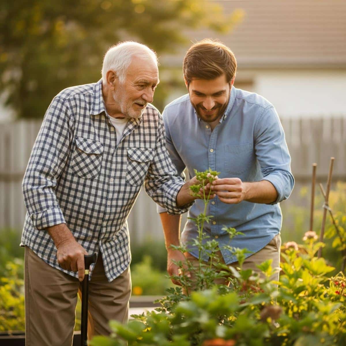 Older man with cane and adult son examining garden plants together, full-body centered view