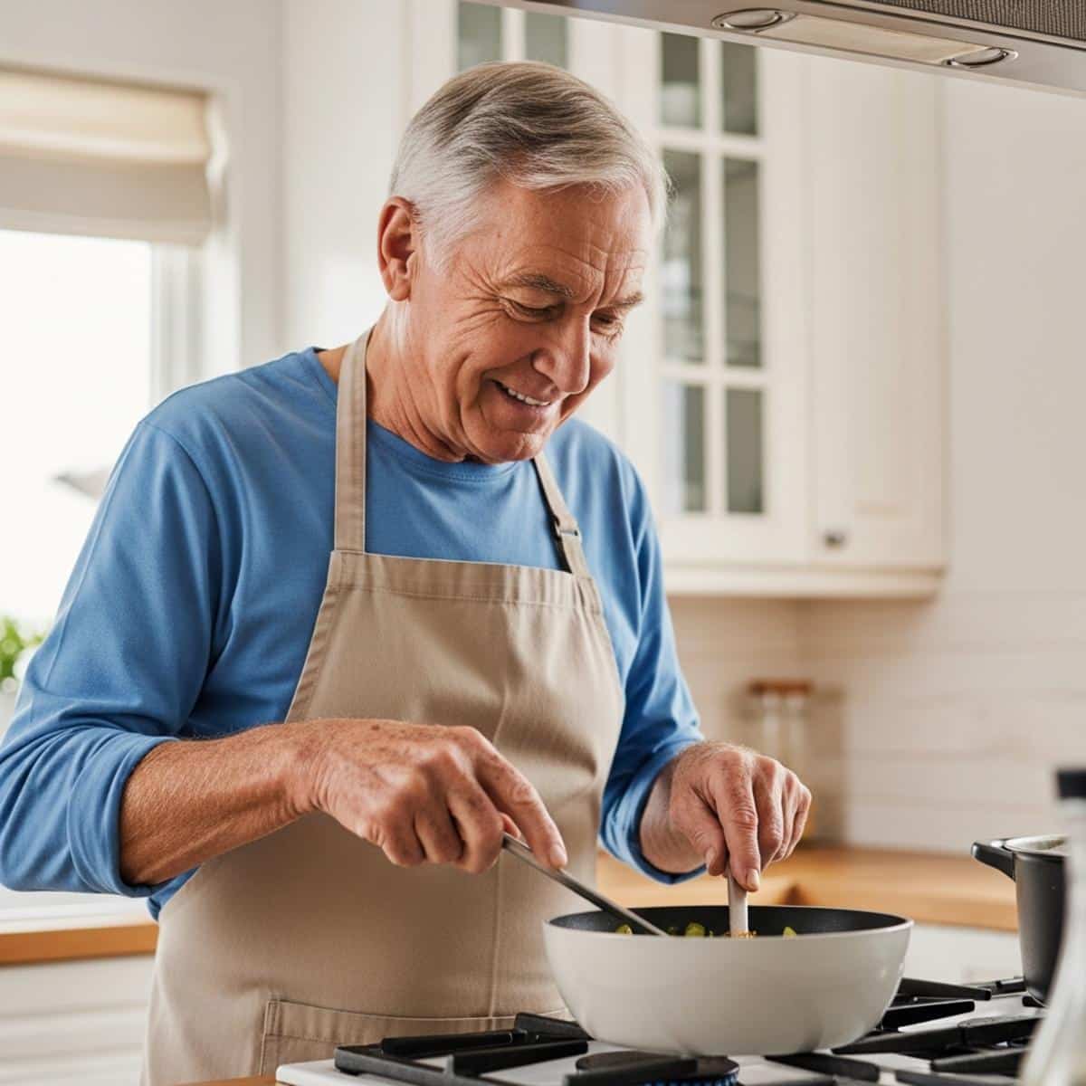 Older man cooking at stove in kitchen wearing apron, centered waist-up view engaged with cooking