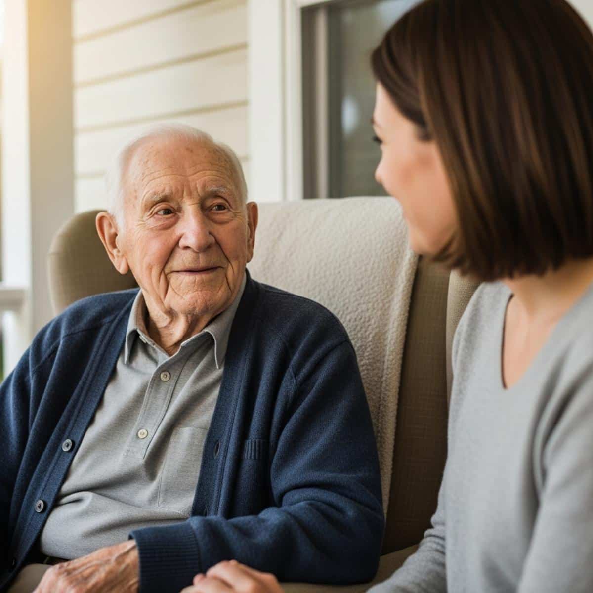 Older man and adult daughter having peaceful conversation on sunny porch, centered waist-up view