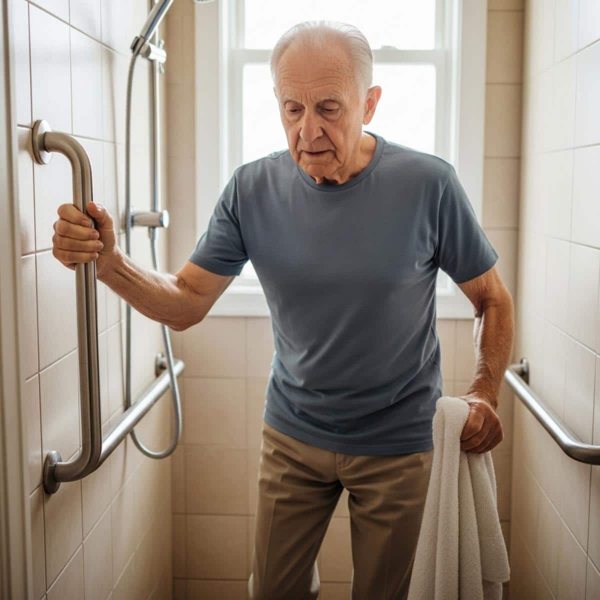 Older man stepping out of shower while holding grab bar, full-body centered view
