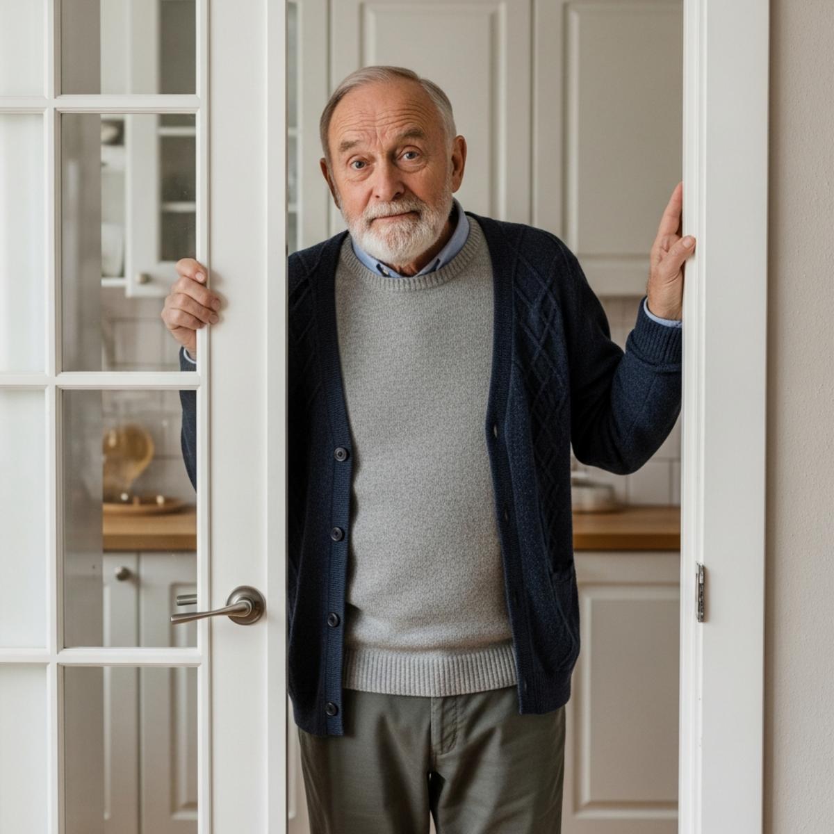 Older man in doorway appearing momentarily confused, centered full-body view showing relatable expression