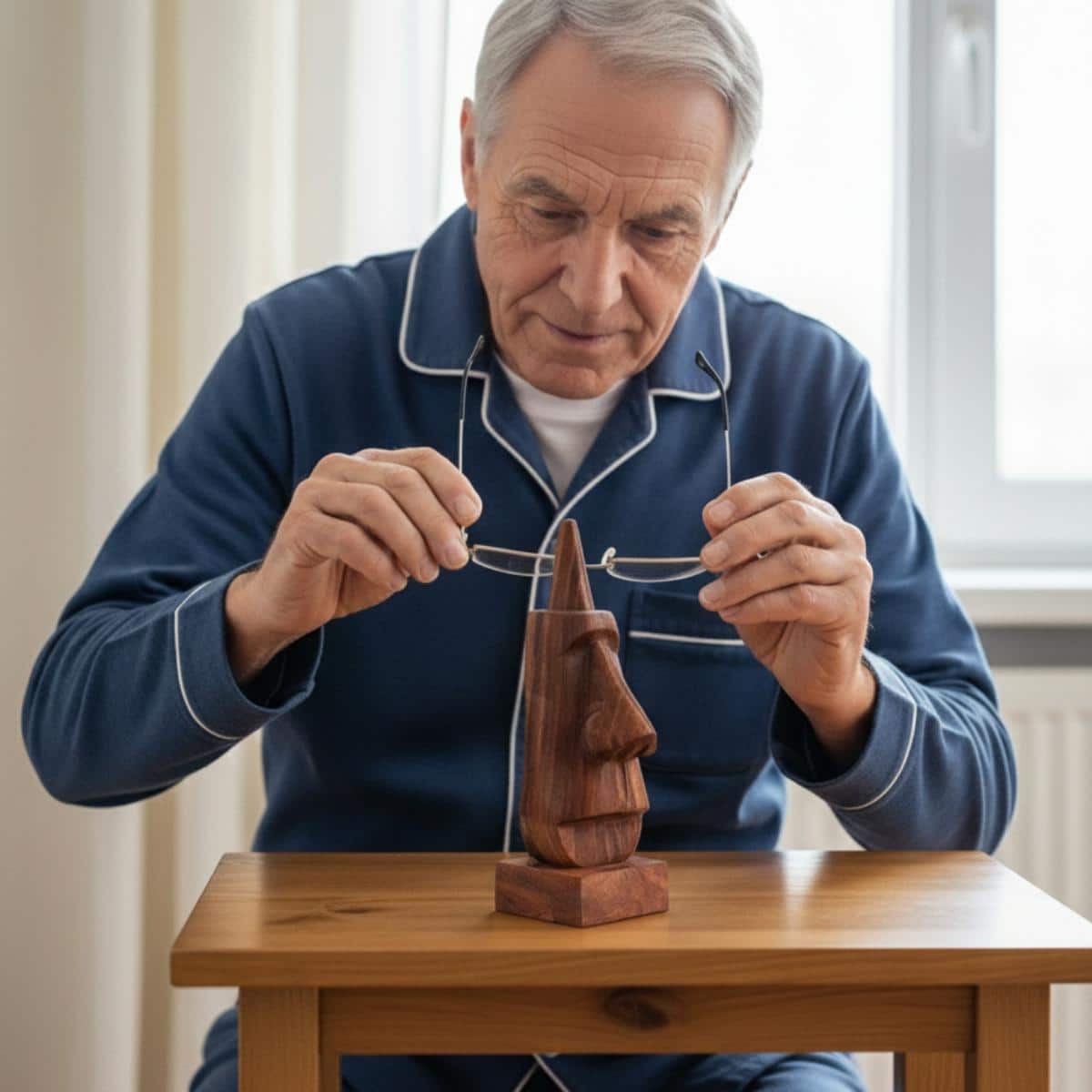 Older man placing glasses into elevated holder on nightstand, waist-up centered view