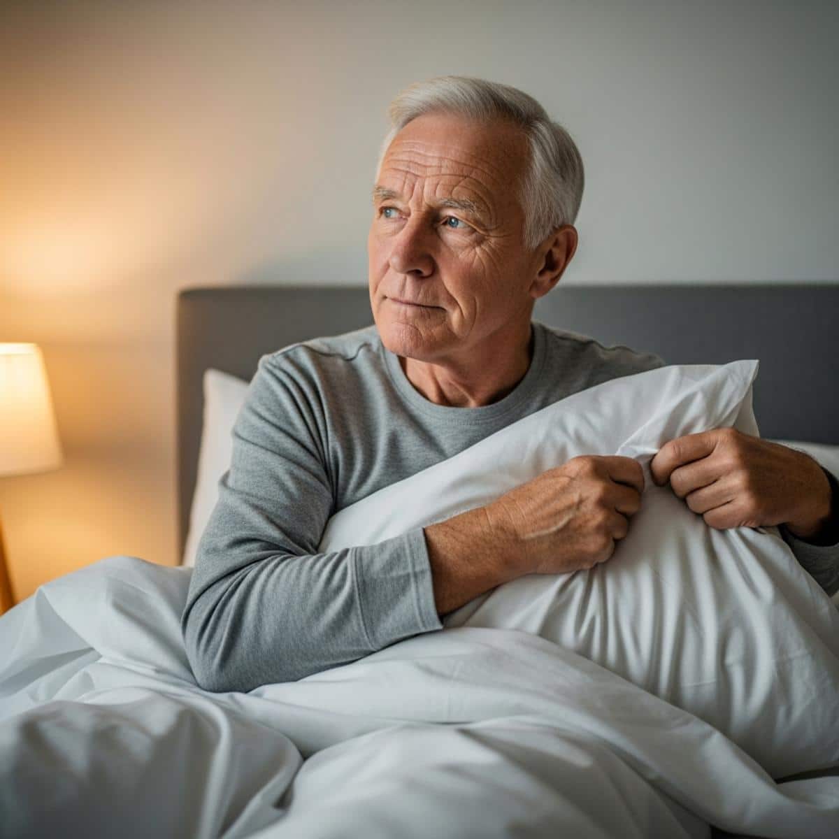 Older man thoughtfully preparing bed with pillows, three-quarter centered view