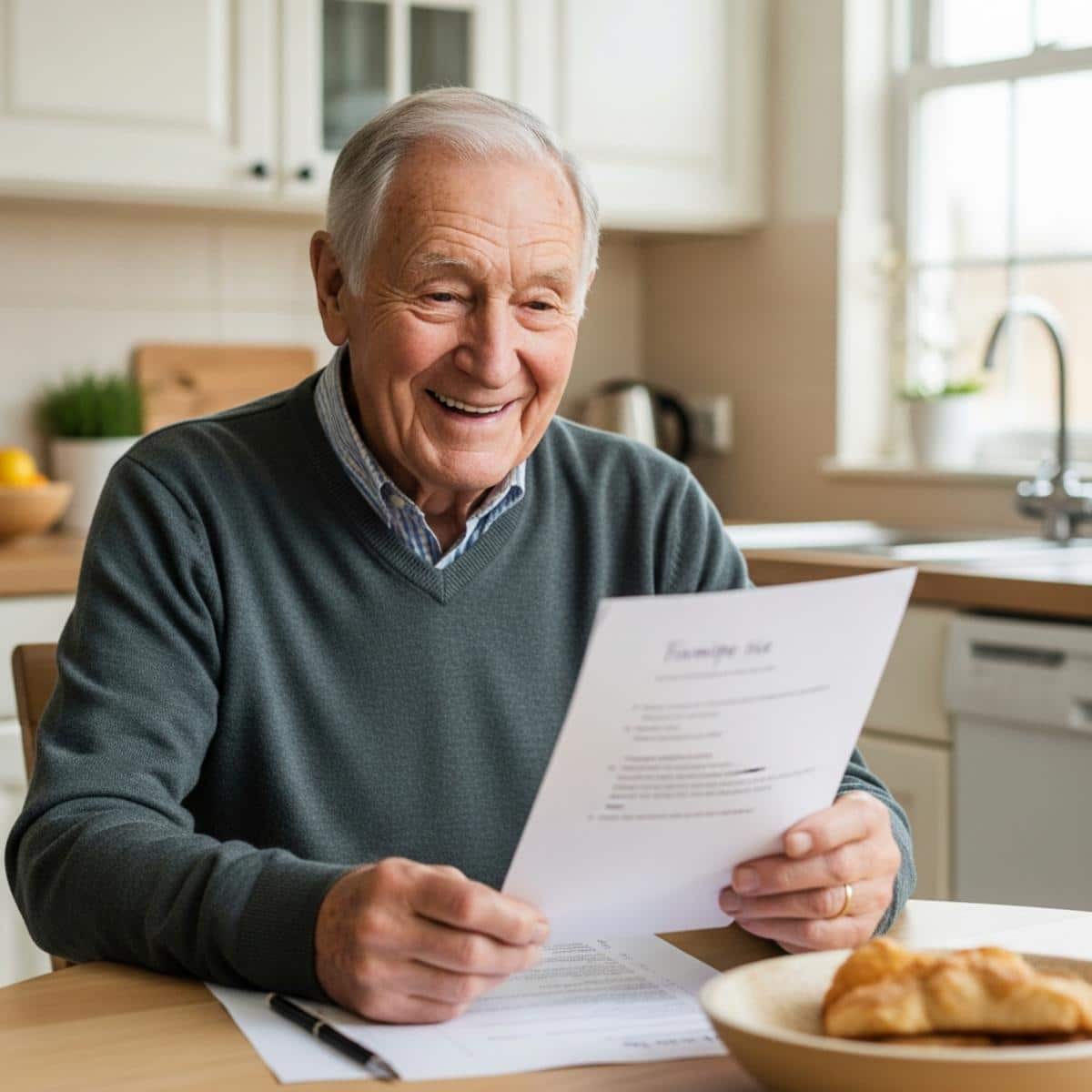 Older man sharing handwritten family recipe at kitchen table with pride, waist-up centered view