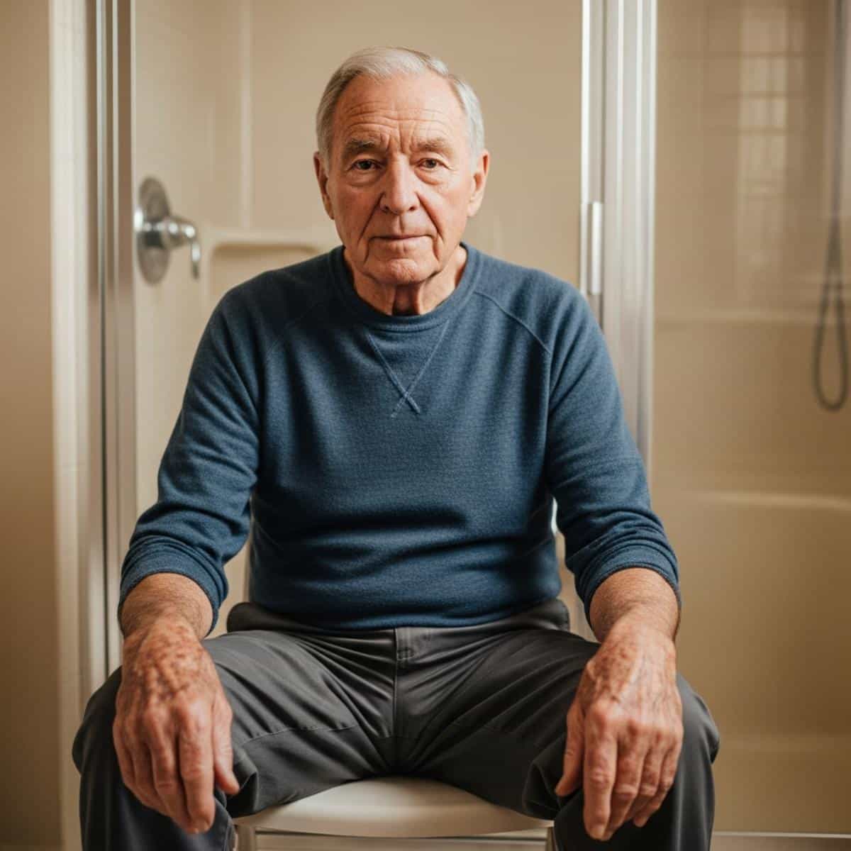 Older man seated on shower chair in bathroom, waist-up centered view