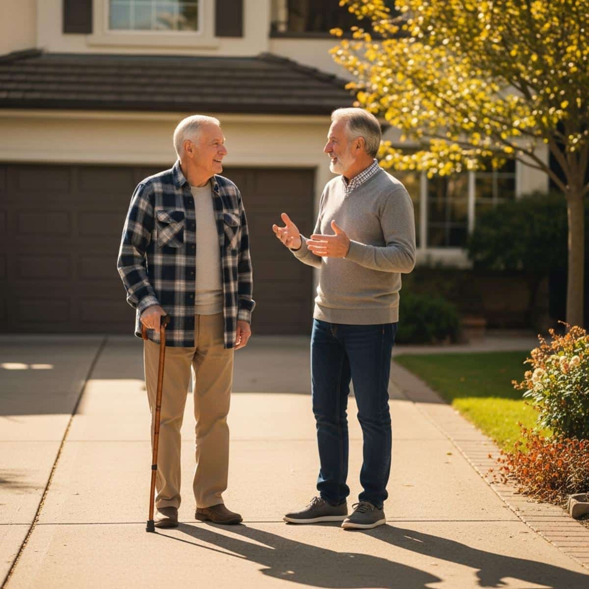 Older man with cane talking with neighbor in driveway, both smiling, centered full-body view