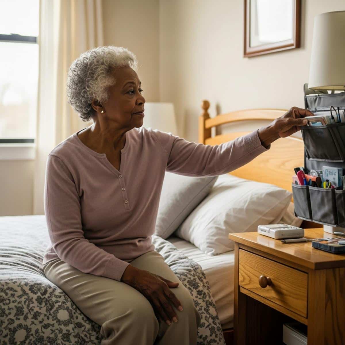 Older woman sitting on bed reaching toward accessible bedside organizer, full-body centered view