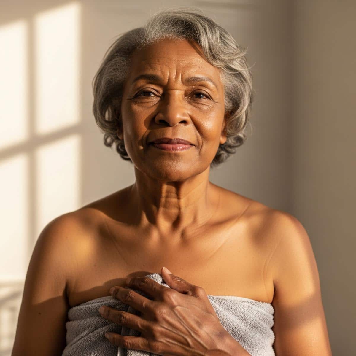 Older woman wrapped in towel after afternoon shower looking peaceful, centered waist-up view
