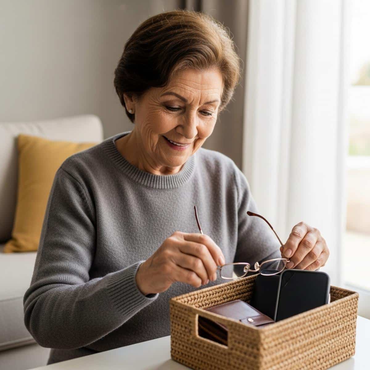 Older woman placing items in designated basket on side table, waist-up centered view