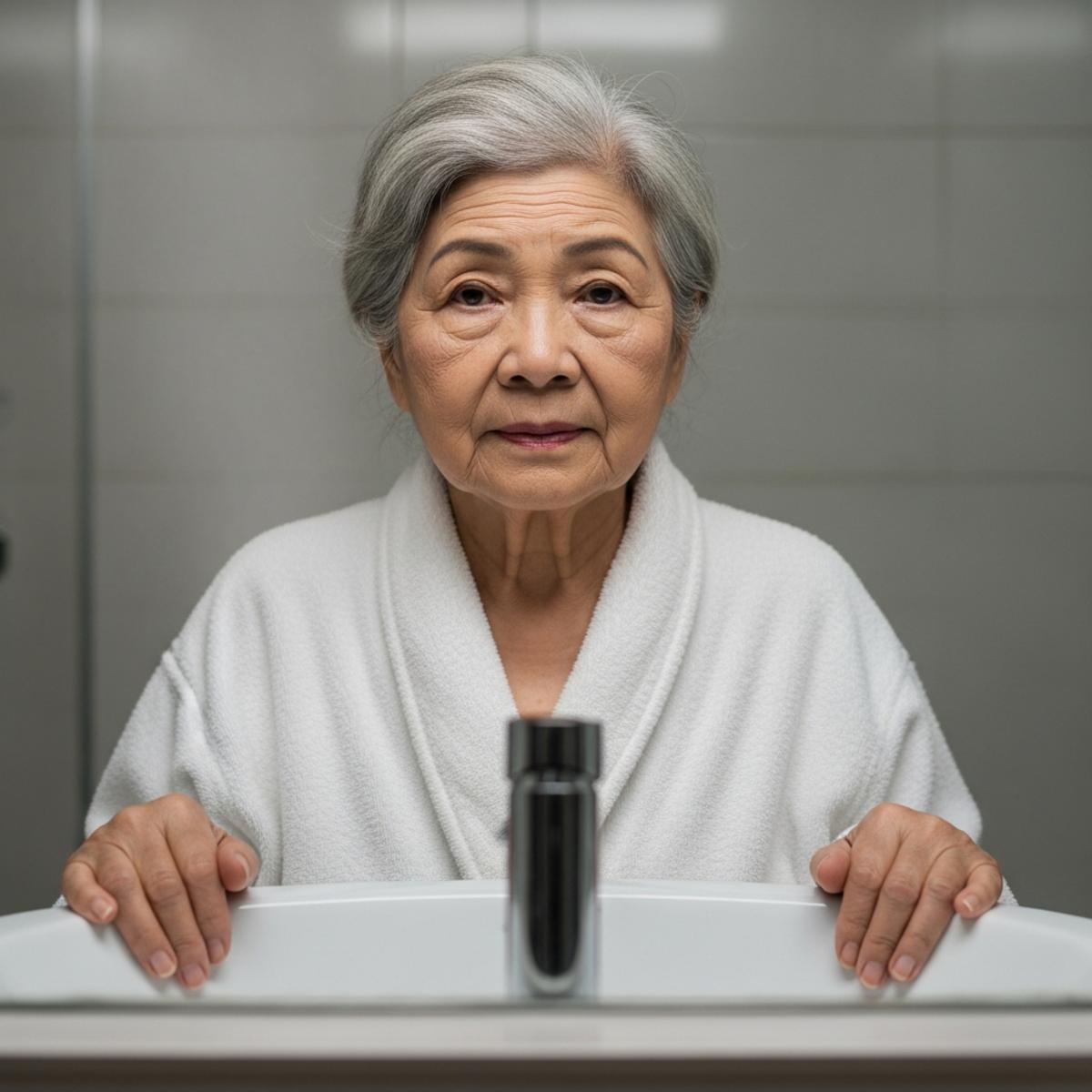 Older woman holding sink in bathroom showing signs of dizziness, centered waist-up view