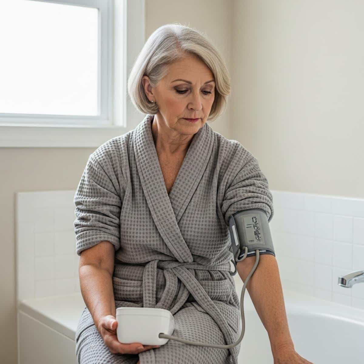 Older woman checking blood pressure monitor in bathroom, centered waist-up view