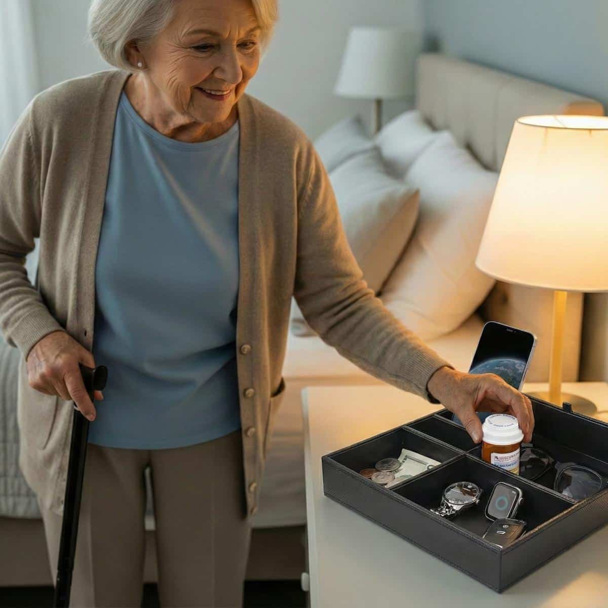 Older woman with cane reaching toward multi-compartment bedside organizer, waist-up centered view