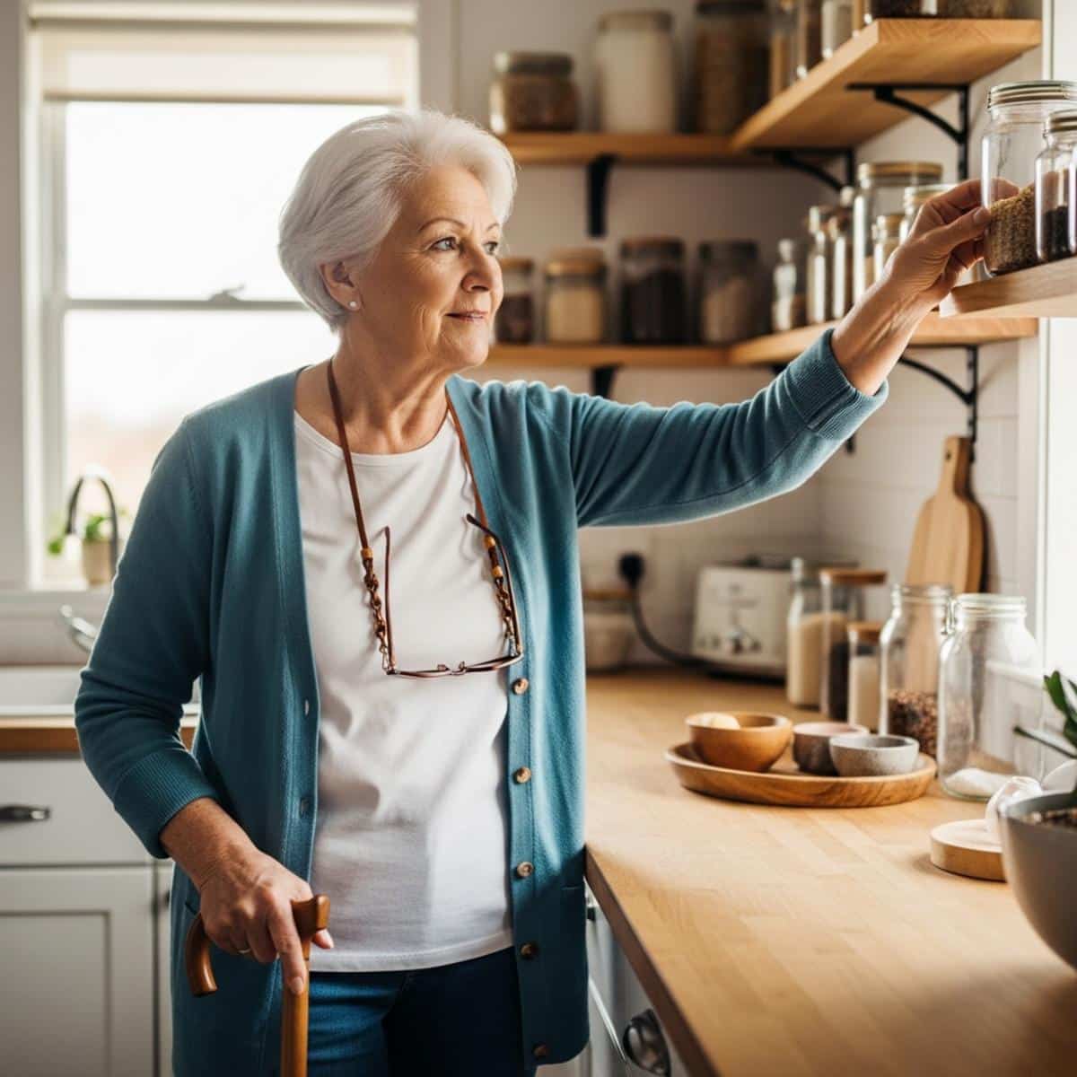 Older woman with cane wearing glasses chain while safely moving through kitchen, full-body centered view