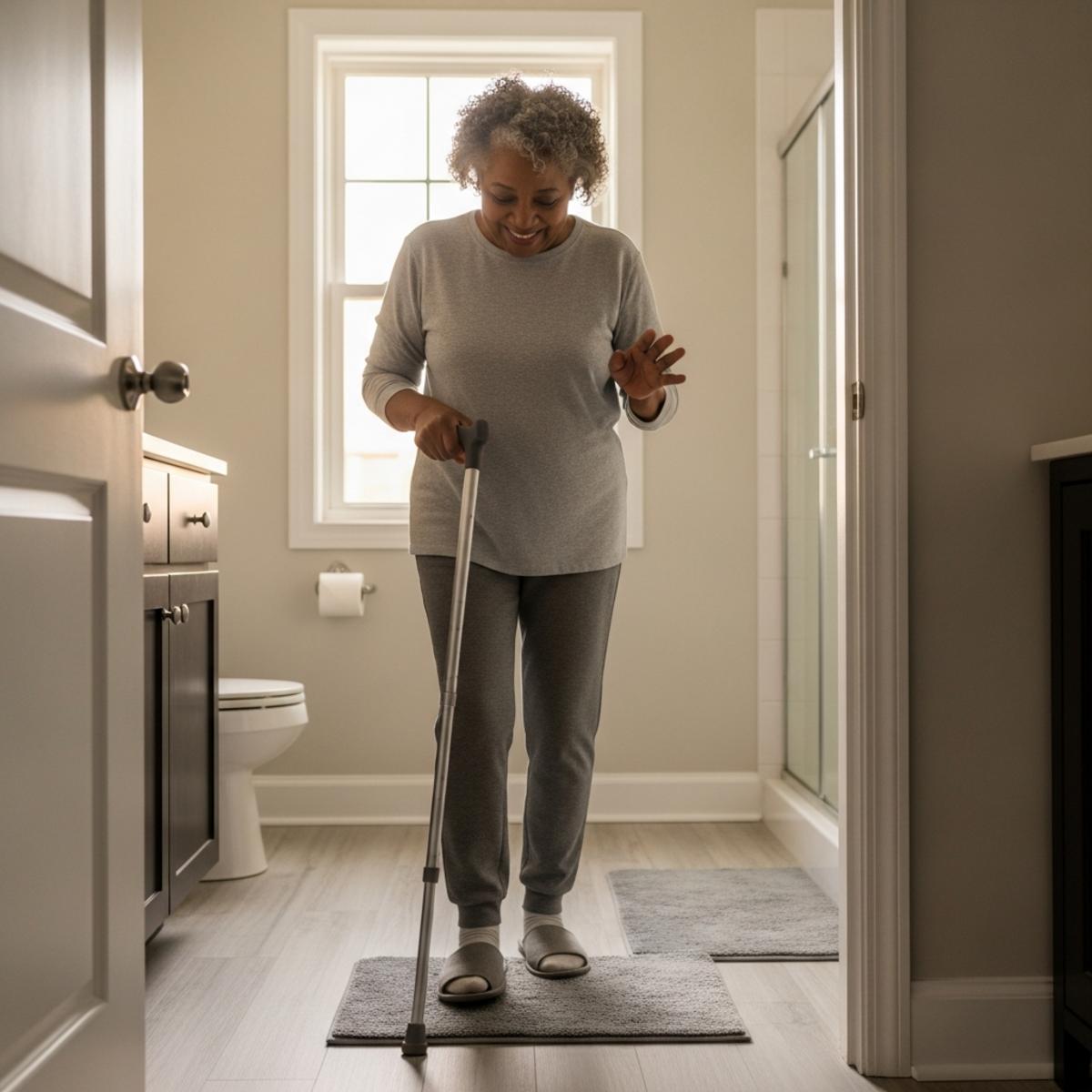 Older woman using cane stepping on non-slip bathroom mat, full-body centered view