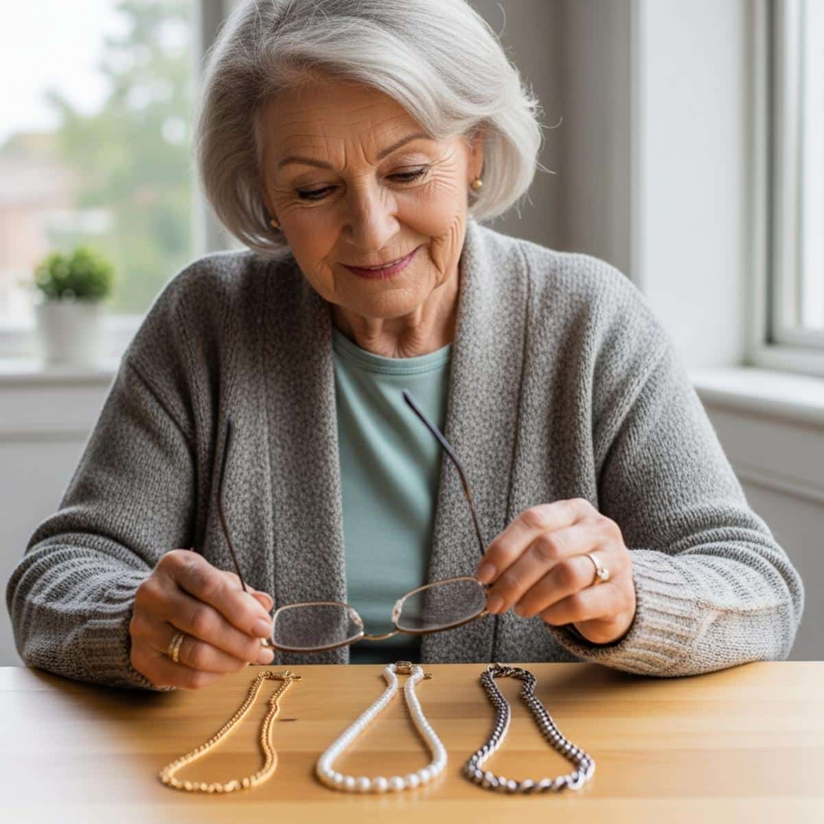 Older woman examining different glasses chains on table, centered waist-up close view