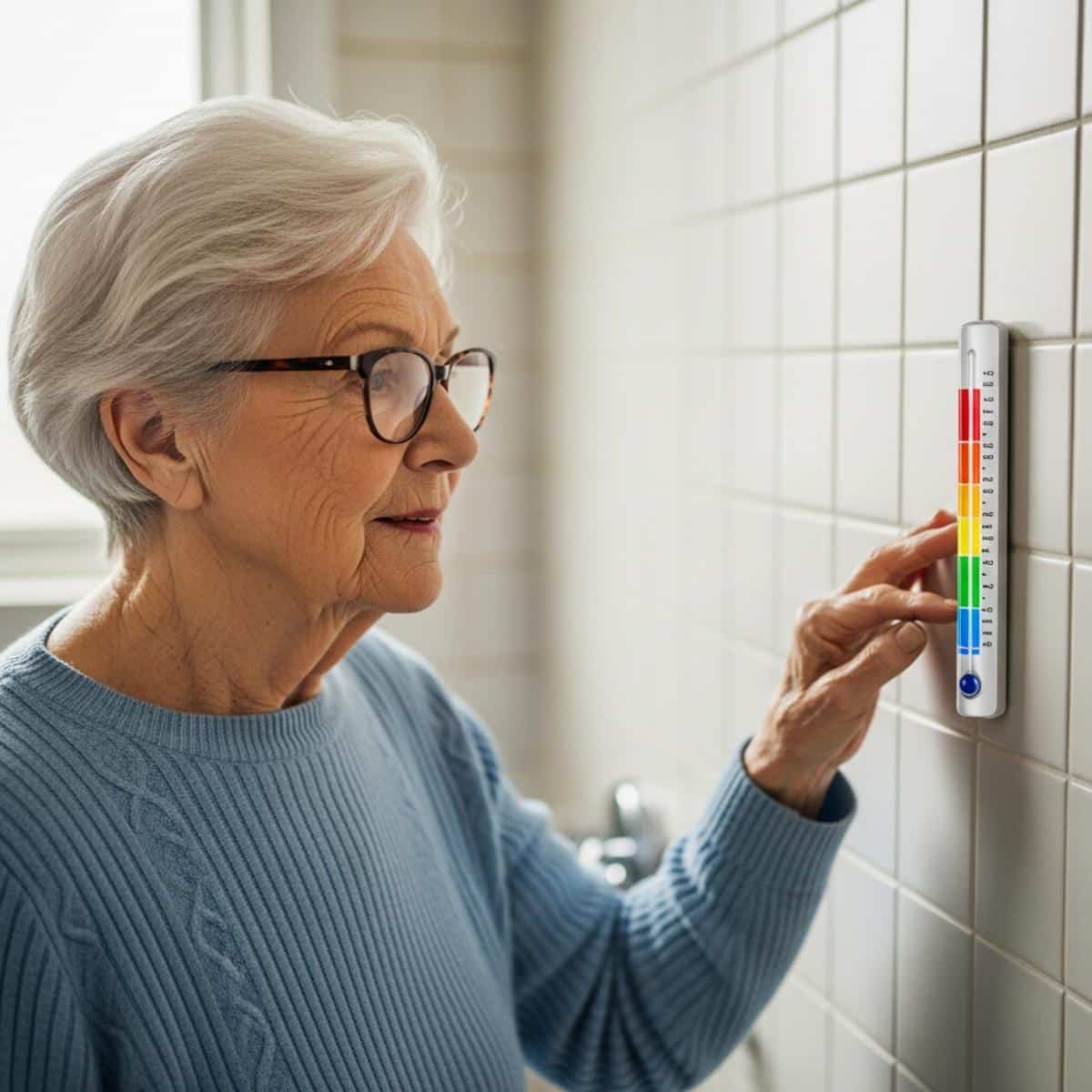 Older woman with glasses viewing color-change temperature indicator on shower wall, waist-up centered view
