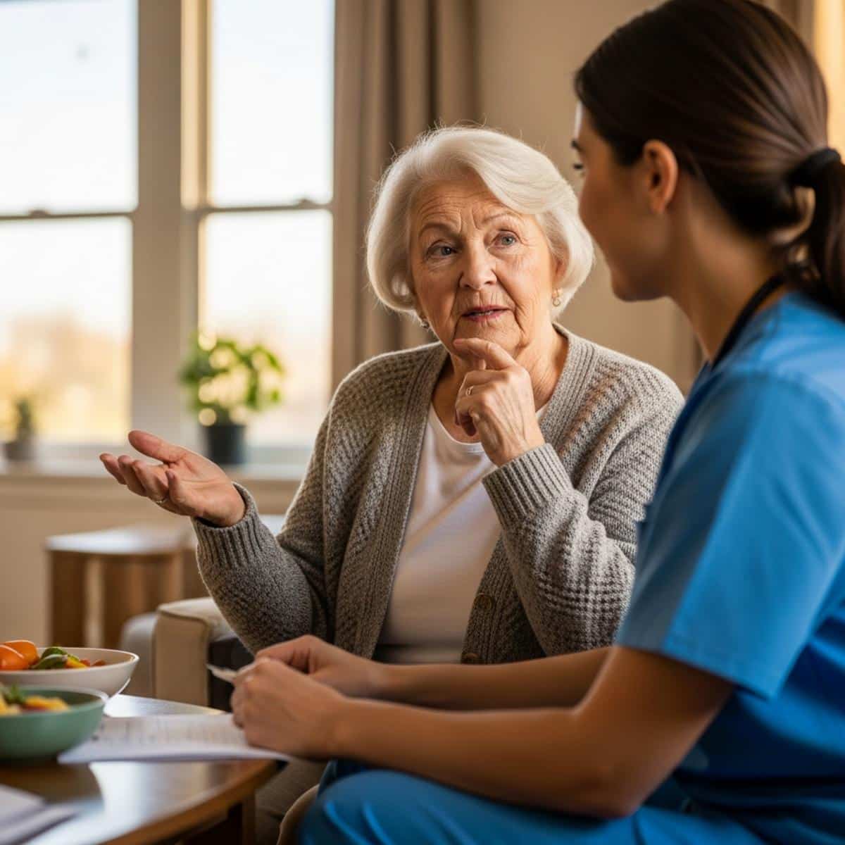 Older woman discussing meal preferences with caregiver in living room, waist-up centered view