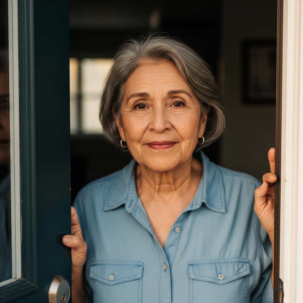 Older woman standing in doorway with composed expression, centered waist-up view showing quiet confidence