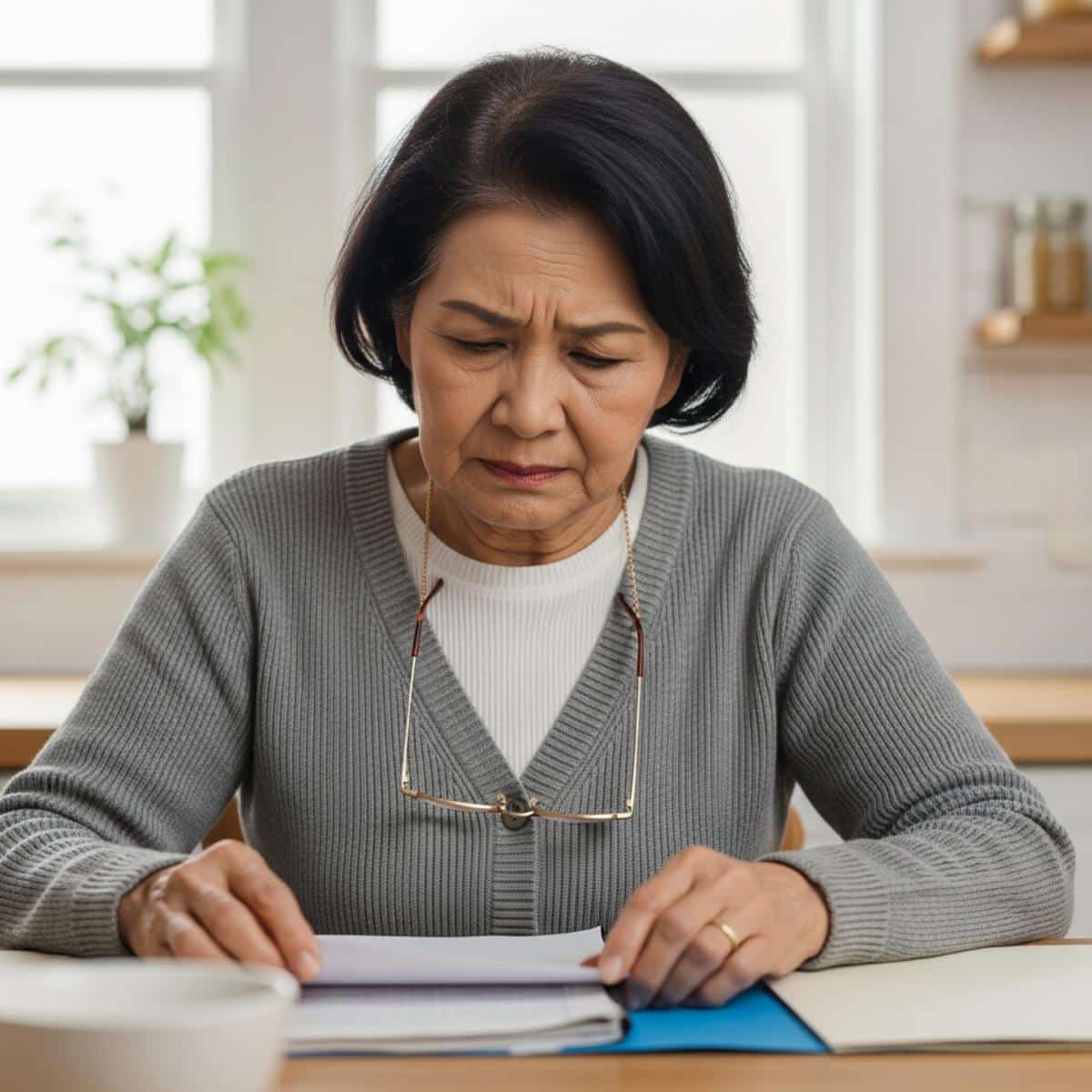 Older woman at kitchen table realizing her glasses are on a chain around her neck, centered waist-up view