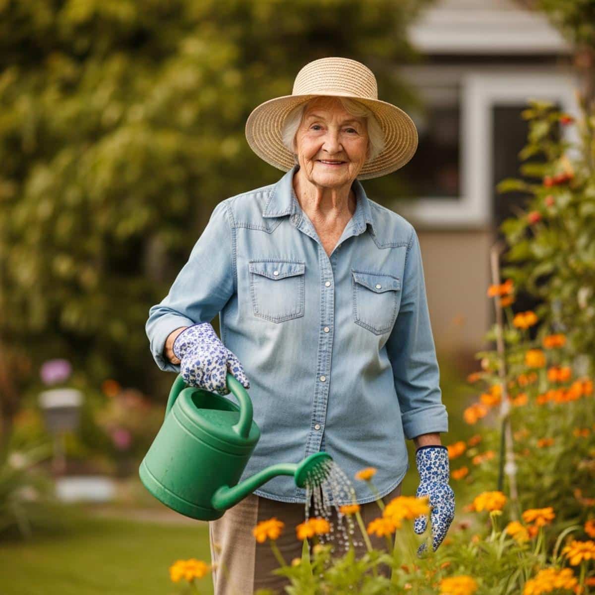 Older woman in sun hat watering garden flowers with gentle purpose, centered full-body view
