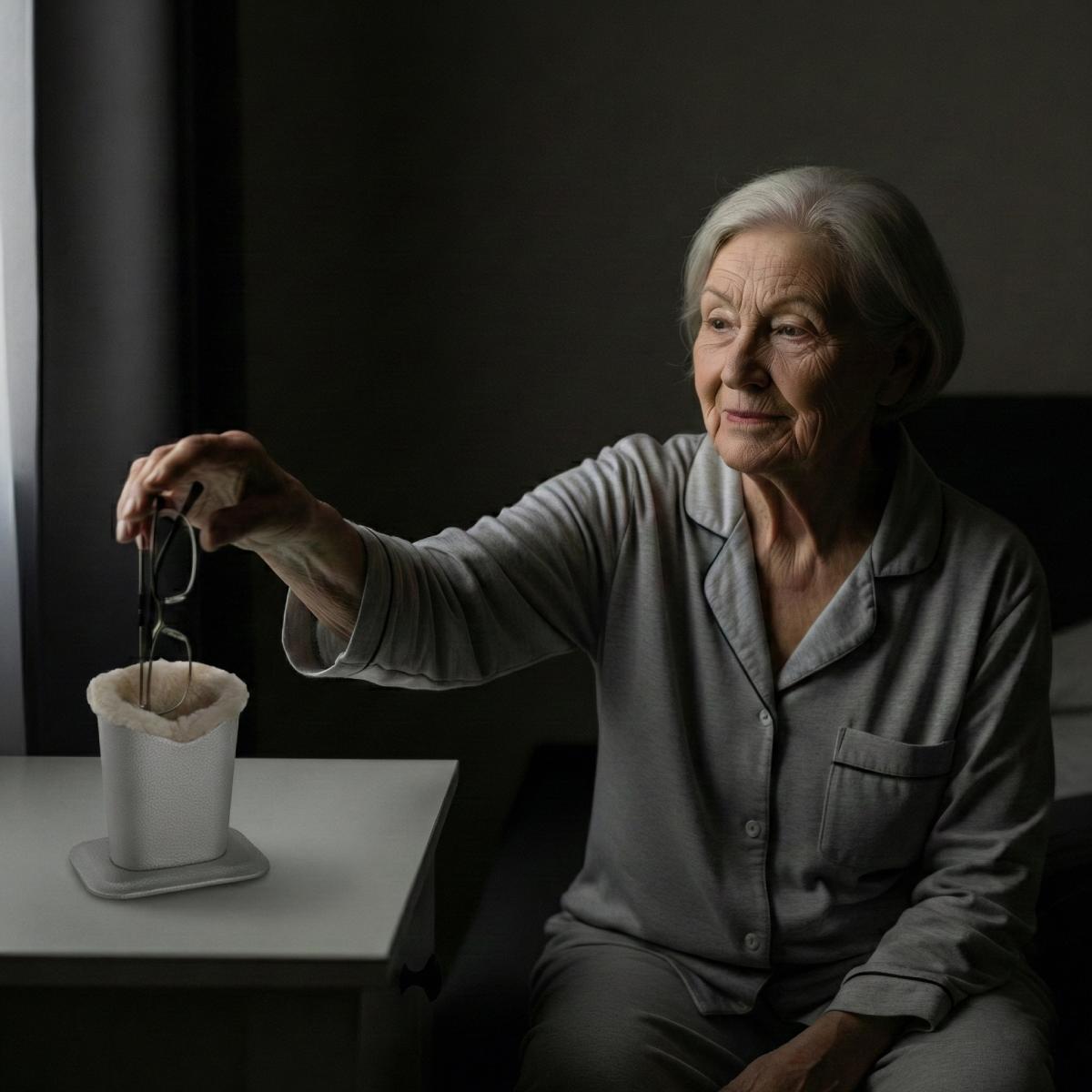 Older woman reaching toward glowing bedside glasses holder in dark room, waist-up centered view