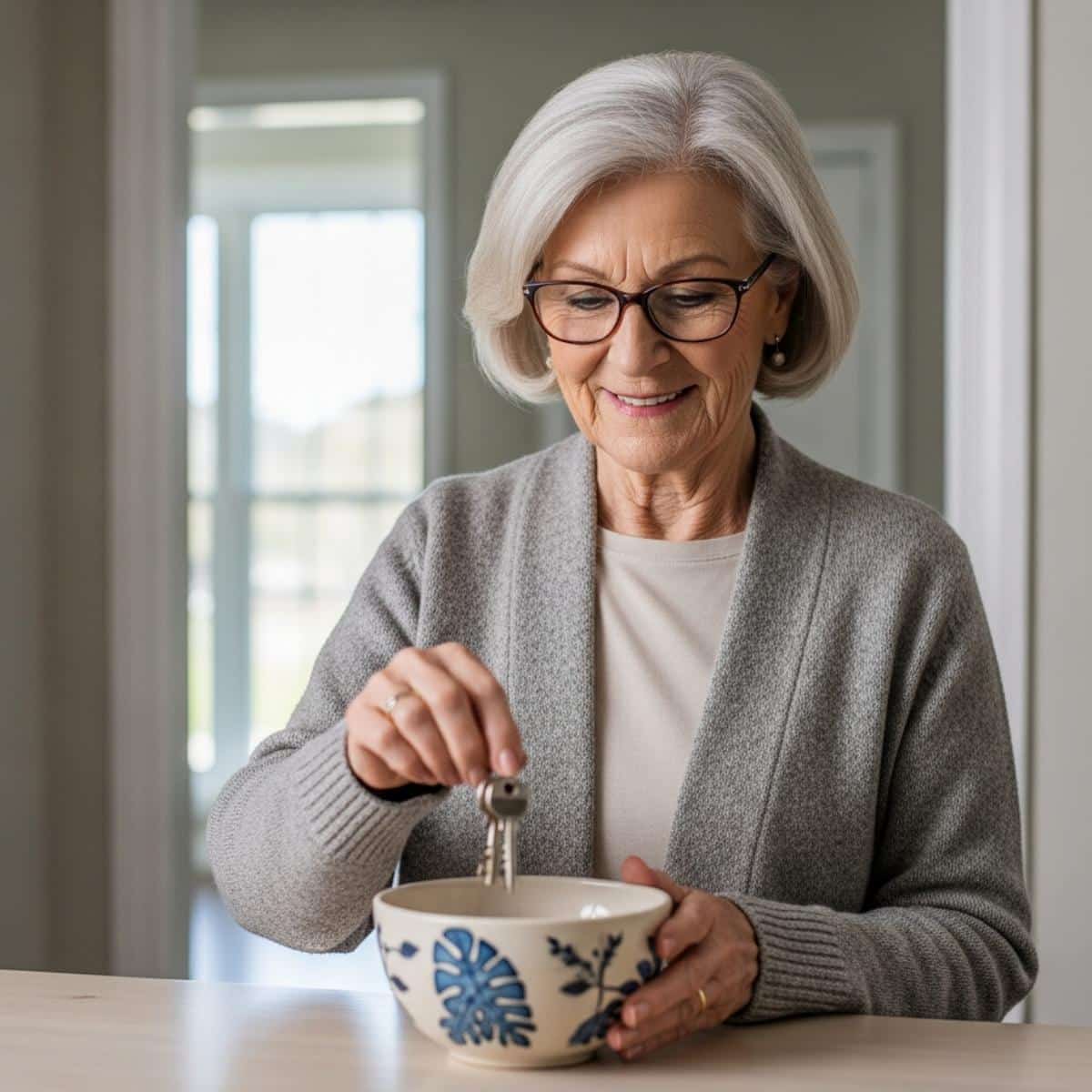 Older woman placing keys in ceramic bowl on entryway table, waist-up centered view