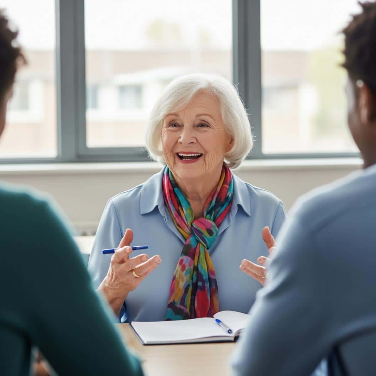 Older woman speaking animatedly with classmates in language conversation class, waist-up centered view