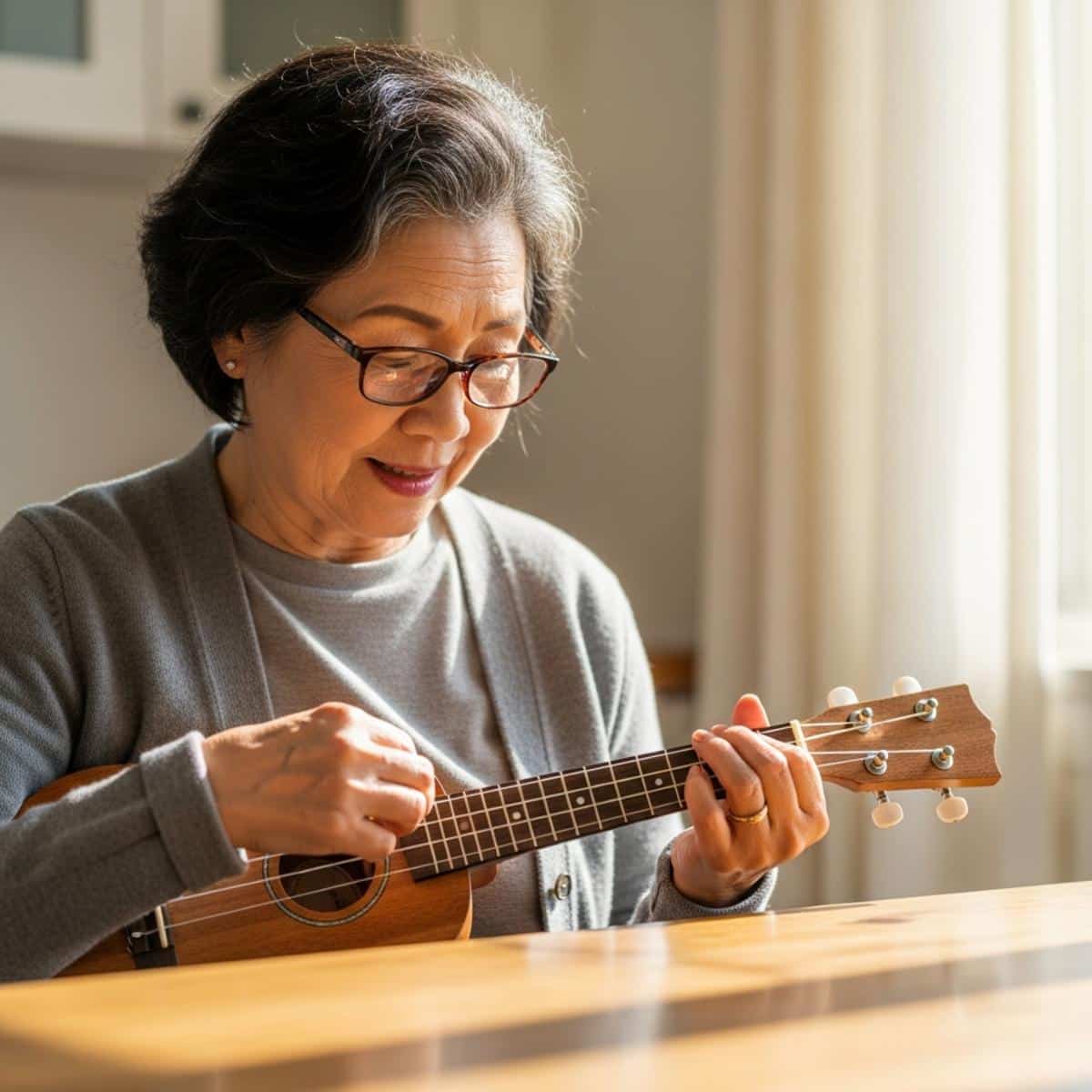 Older woman with reading glasses studying ukulele finger positions at kitchen table, waist-up centered view