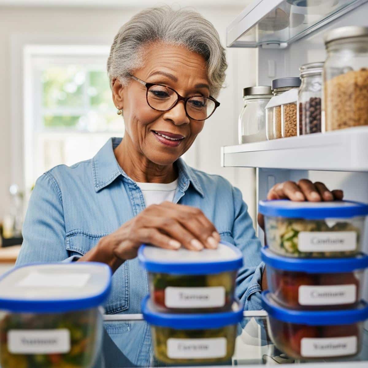 Older woman organizing labeled meal containers in refrigerator, waist-up centered view