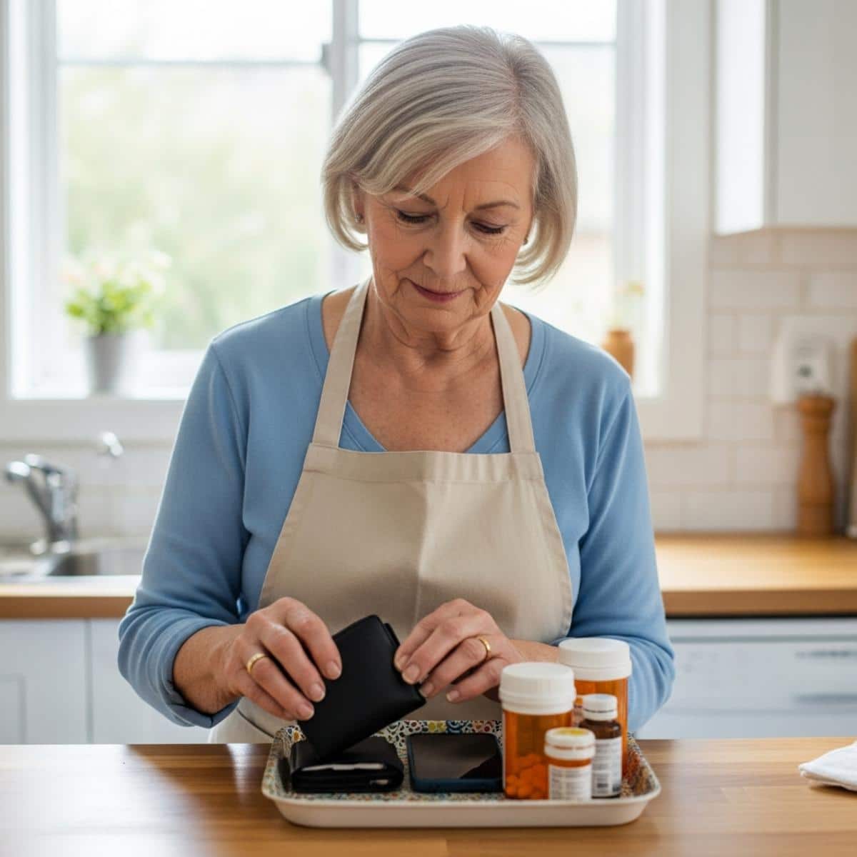 Older woman organizing wallet and phone in decorative tray on kitchen counter, waist-up centered view
