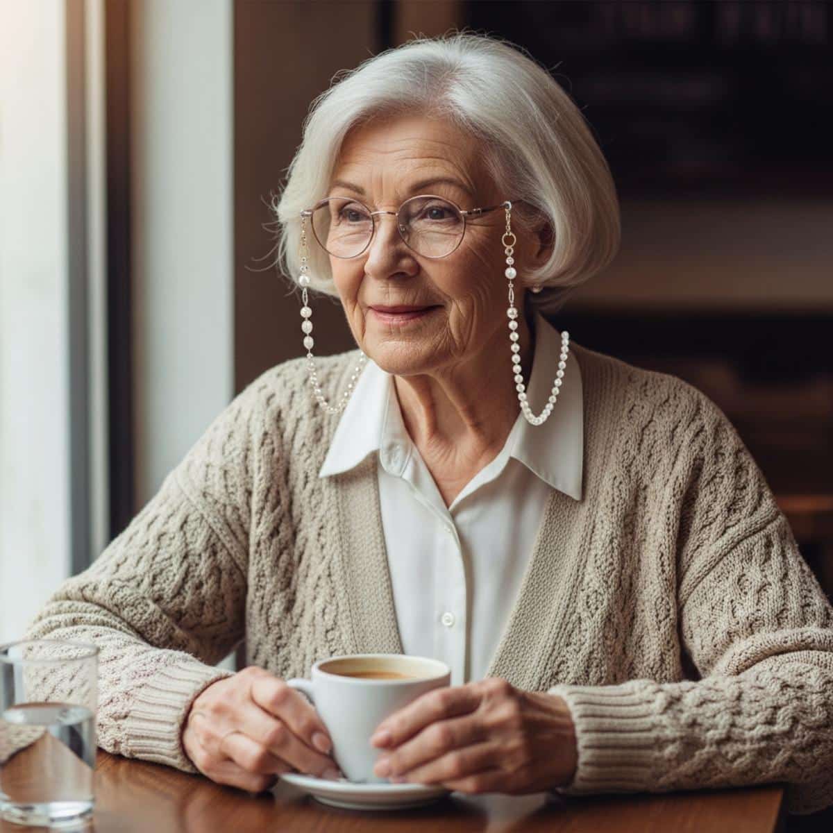 Older woman wearing elegant pearl glasses chain at café, centered three-quarter view