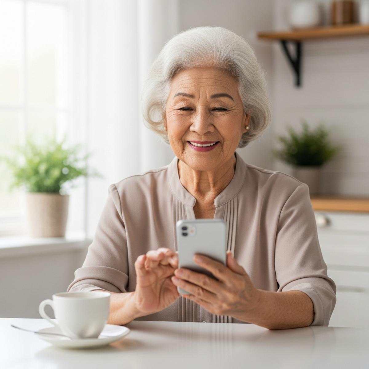 Older woman at kitchen table holding phone with warm smile, centered waist-up view near window