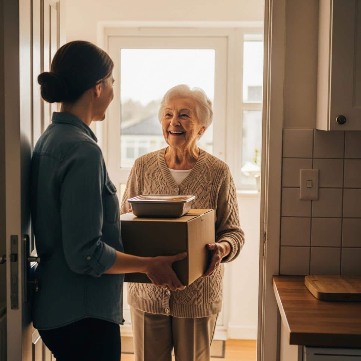 Older woman greeting neighbor at doorway during meal delivery, full-body centered view
