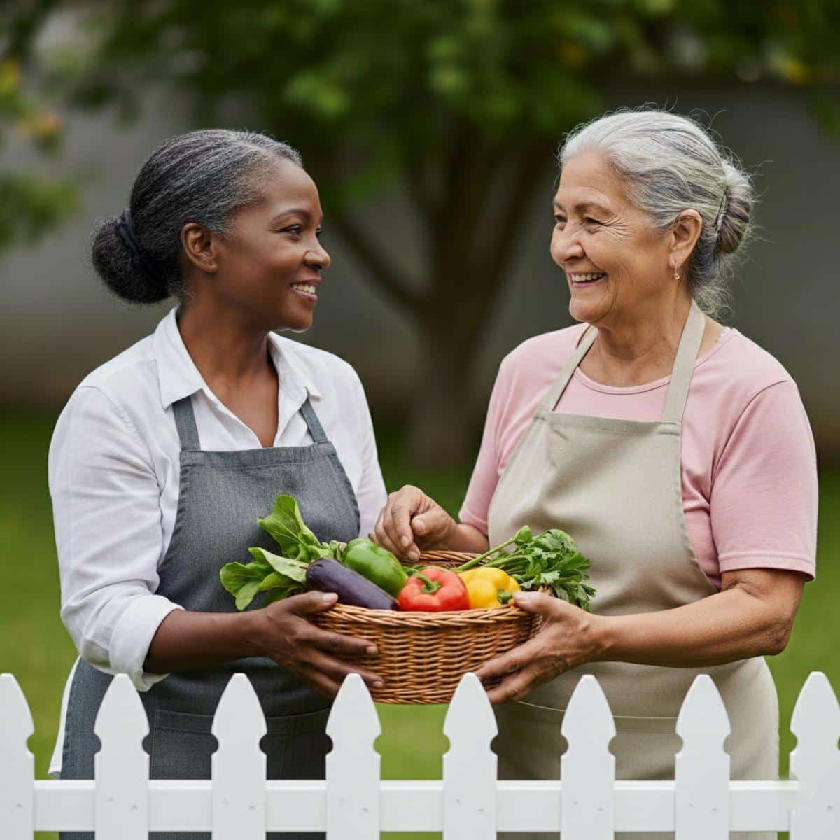 Older woman handing basket of vegetables to neighbor across fence, both smiling, centered waist-up view