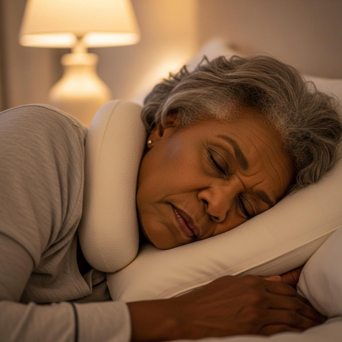 Older woman sleeping deeply on her side with proper pillow support, side profile centered view