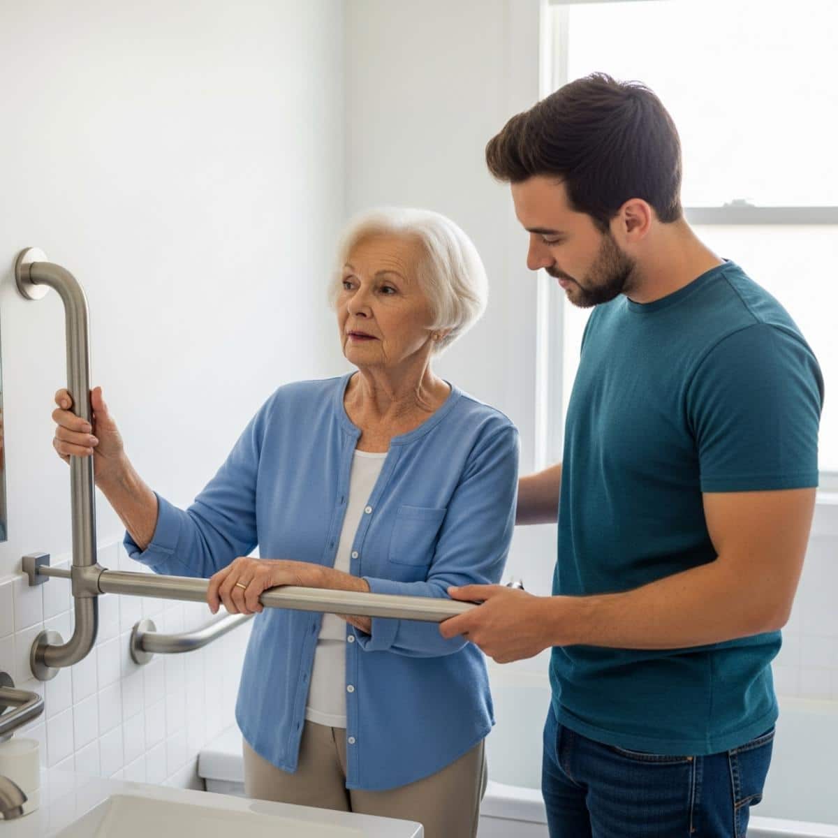 Older woman and son examining bathroom grab bar options together, centered full-body view