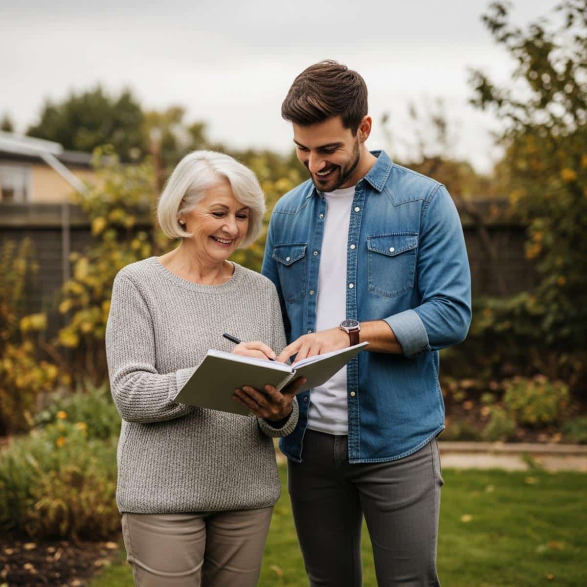 Older woman and son planning in garden together with notebook, centered full-body view