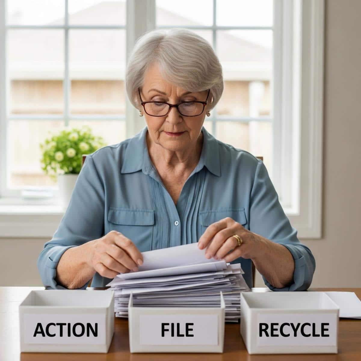 Older woman sorting mail into piles at kitchen table, waist-up centered view