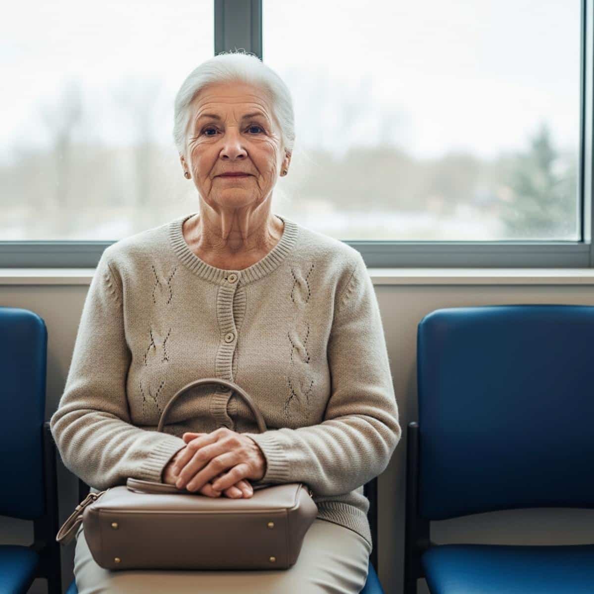 Older woman sitting in medical waiting room, centered full-body view showing calm expression