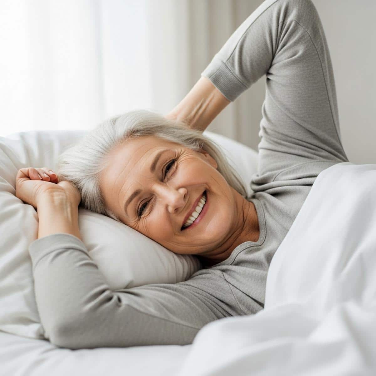 Older woman waking refreshed while lying on side in bed with gentle stretch, three-quarter centered view