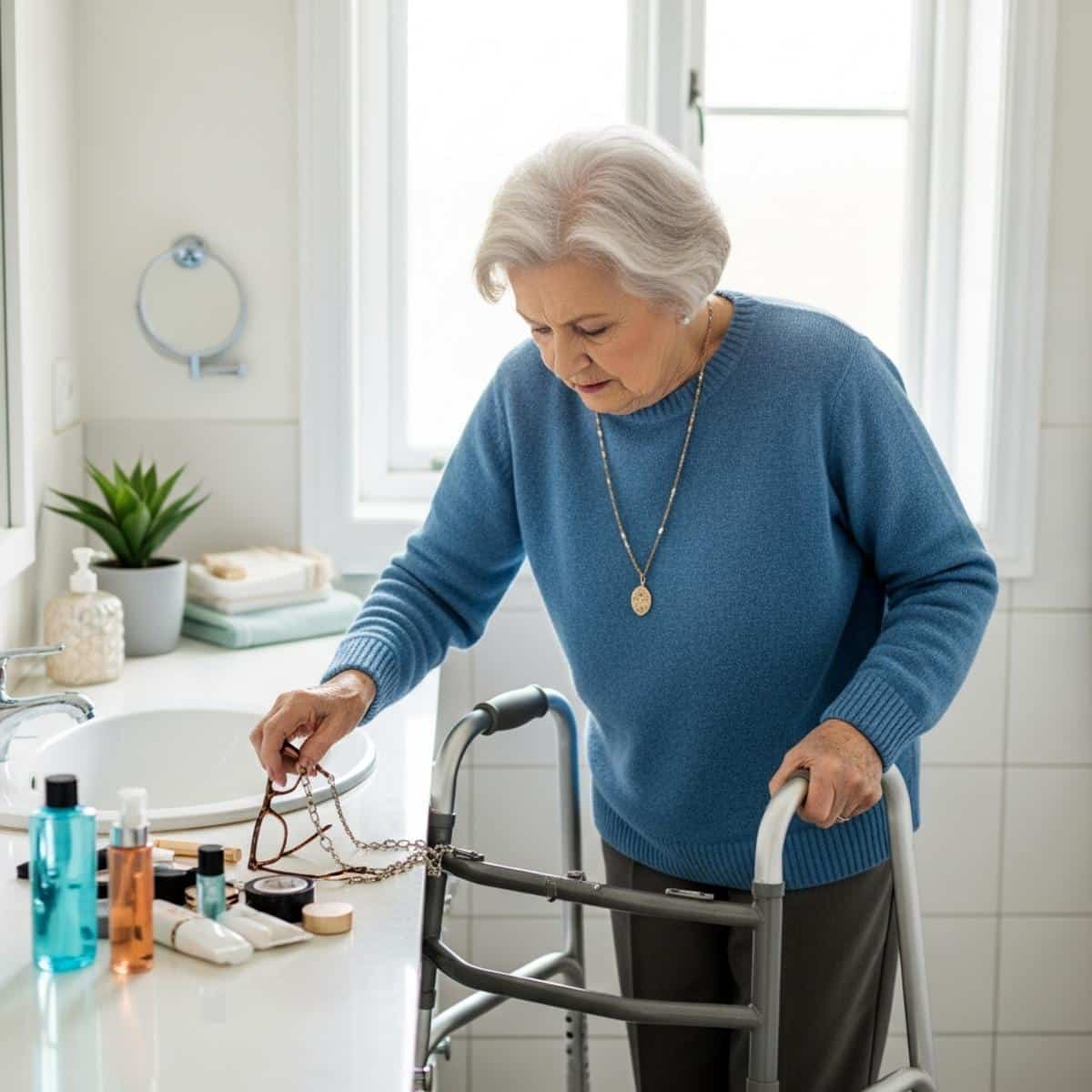 Older woman with walker searching bathroom vanity for glasses, centered waist-up view