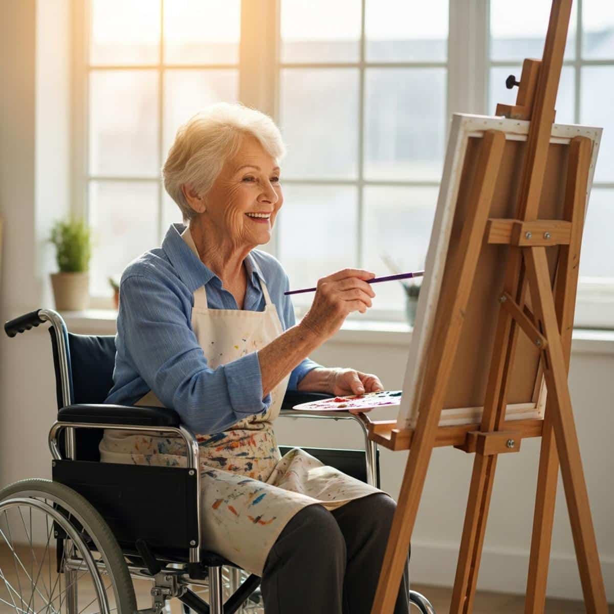 Older woman in wheelchair painting at easel in sunlit art studio, three-quarter centered view